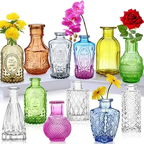 Produktbild: Vasen Set 12 Stück Mini Vase Glas Bunte Blumenvase Glasfläschchen kleine Flasche Tischvasen Tischdeko in verschiedenen Formen Dekoration für Wohnzimmer Bad Farbig
