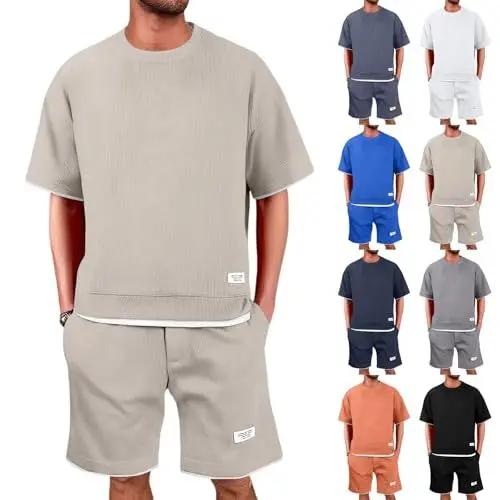 Produktbild: Vasreyy Fitness-Bekleidung, Hemden Für Herren Waffle Jogginganzug Trainingsanzug 2 Teiler Outfit Zweiteiler Fitness Kleidung Kurz Freizeitanzug Shorts Und Tshirt Set Sportanzug Sommeranzug (Khaki,M)