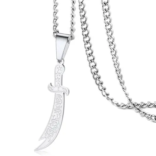 Produktbild: VASSAGO Schwert-Halskette für Männer und Frauen, Zulfiqar, Schwert, Halskette, Imam Ali Zulfiqar, Anhänger, arabische Rune, islamisch, muslimischer Schmuck, Talisman, Amulett, religiöses Geschenk,
