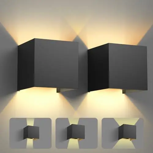 Produktbild: vatato 2 Stück LED Wandleuchte 12W, Innen/Aussen Aluminium Wandlampe Einstellbarer Lichtstrahl, 3000K Warmweiß Außenwandleuchte IP54 für Wohnzimmer Schlafzimmer Garten, Schwarz
