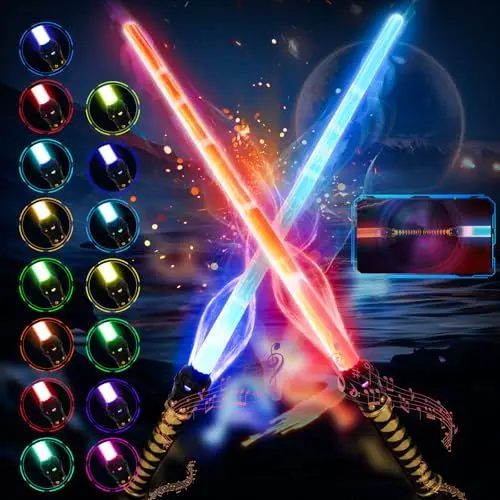Produktbild: VATOS 2PCS Lichtschwert für Kinder Erwachsene,15 Farben Changeable Lichtschwert mit Soundeffekten, 2-in-1 Einziehbares LED Lichtschwert Spielzeug für Halloween Cosplay Christmas Parteien