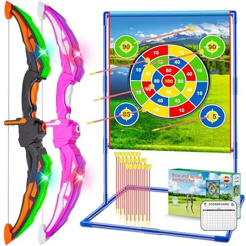 Produktbild: VATOS 2 Pack Bogen und Pfeil Kinder, Light Up Bogenschießen Spielzeug mit Ziel & 20 Pfeile, Indoor & OutdoorToys Geschenke für 3 4 5 6 7 8 Jahre alte Kinder Jungen Mädchen