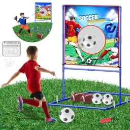 Produktbild: VATOS 2-in-1 Fußball Wurfzielspiele und Rugbyball-Spielzeug für Kinder, doppelseitiges Tor mit 2 aufblasbaren Fußbällen und 2 Rugbybällen, Aktivitätsspielzeug für drinnen und draußen