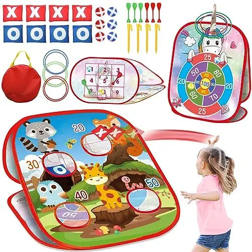 Produktbild: VATOS 5 in 1 Dartscheibe Wurfspiel Gartenspiele für Kinder - Tierisches Dartspiel mit Dart, Sitzsack, Klettbälle, Ring Toss,Tragbares Outdoor Spiele Geschenke für 3 4 5 6 7 Jahre alte Jungen & Mädchen