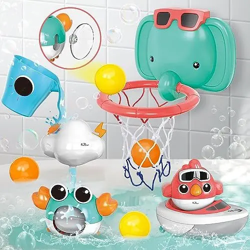Produktbild: VATOS Baby Badespielzeug, Badezimmer Babyspielzeug für Babys Jungen Mädchen 1 Jahr alt, Baby Badewanne Spielset mit Elefant Basketballrahmen, Vogel, Krabbe, Wolken, Yacht für Kleinkinder 1-3