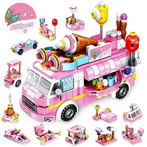 Produktbild: VATOS Bauspielzeug für Kinder, 553 Teile, Eiscreme-LKW-Bauspielzeug, 25 Modelle, Basteln, Bausteine, Rosa, Spielzeug für Mädchen 6 7 8 9 10 11 12 Jahre