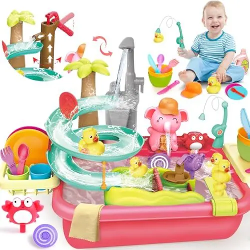 Produktbild: VATOS Spielspüle mit fließendem Wasser, 2-in-1 elektrisches und manuelles Wasserhahn-Küchenspülenspielzeug, Entenrutsche-Wassertisch-Sommerspielzeug, Kinder Geschirrspüler-Set für Jungen und Mädchen