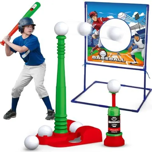 Produktbild: VATOS T Ball Sets für Kinder 3-5, Kinder Teeball Spielzeug-Sets mit Einstellbarer Höhe Baseball Target Fixed & Ejection Baseball Batting Tee 6pcs Baseballs,Outdoor Spielzeug Geschenke für Jungen 3-12