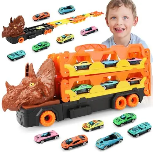 Produktbild: VATOS Transport Truck Spielzeug Autos für Jungen Alter 3 4 5 6 7, tragbare Dinosaurier Rennstrecke Truck Spielzeug mit 6 Rennwagen, Träger LKW Fahrzeuge Spielzeug Set für Kinder, A678