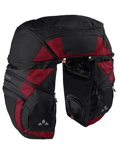 Produktbild: VAUDE Fahrradtasche für Gepäckträger Karakorum Pro 68L Schwarz/Rot, stylische Gepäckträgertasche, 100% wasserabweisend, Gepäckträgertasche hinten, einfache Befestigung
