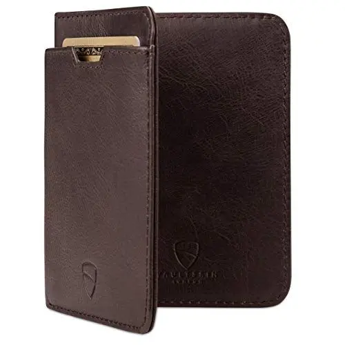 Produktbild: Vaultskin City Herren Ledergeldbörse mit RFID Blocker für Karten. Flaches Kartenetui für bis zu 9 EC- und Kreditkarten und Bargeld (Braun)