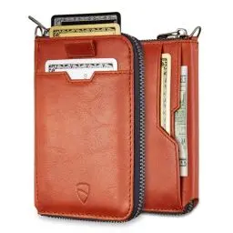 Produktbild: Vaultskin Notting Hill schlanke Brieftasche mit Reißverschluss und RFID Schutz. Geldbörse für Kreditkarten Bargeld Münzen (Cognac)