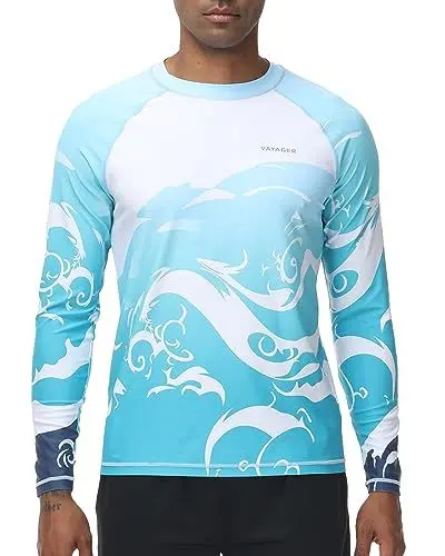 Produktbild: VAYAGER Herren Schwimmshirts UPF 50+ Rashguard Langarm Schnelltrocknendes T-Shirt Locker sitzendes Wasser Angeln UV-Schutzshirts(Blaue Wellen 3XL)