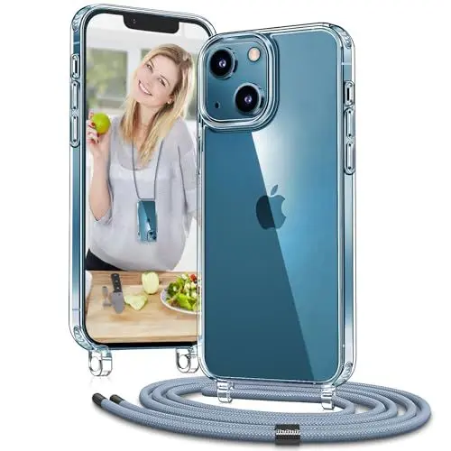 Produktbild: Vaykwo Handykette mit Band für Apple iPhone 13 Mini Hülle - Necklace Handyhülle - Transparente Case zum Umhängen mit Kameraschutz und Bildschirmschutz - Blau