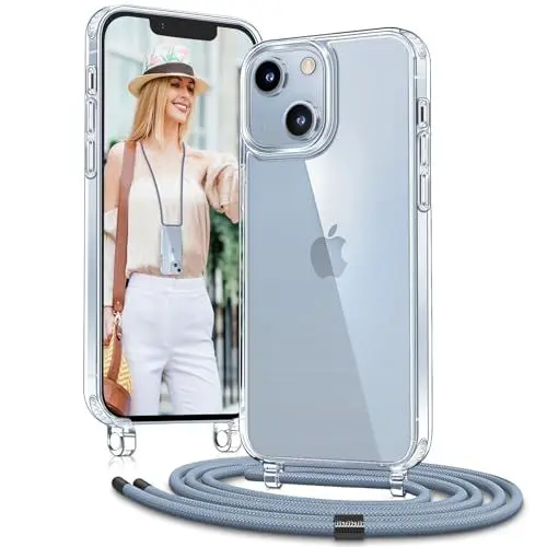 Produktbild: Vaykwo Handykette mit Band für Apple iPhone 14 Hülle und iPhone 13 Hülle - Necklace Handyhülle - Transparente Case zum Umhängen mit Kameraschutz und Bildschirmschutz - Blau