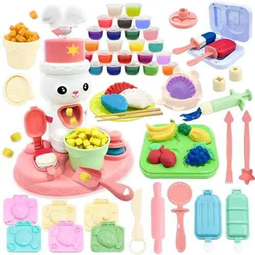 Produktbild: VBACALA 64 PCS Knete Zubehör für Kinder, Popcornmaschine Set, Kitchen Creations Eismaschine, Zucker, Obst Mit Knetwerkzeug, 24 Dosen Knetmasse Ab 3 Jahre Geschenk