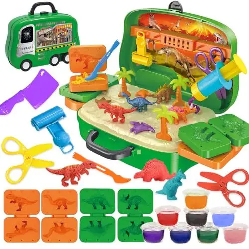 Produktbild: VBACALA Knete Zubehör, Knete Set Dinosaurier Spielzeug im Koffer mit Rädern, Kinder Knete ab 3 Jahre, Knetmasse Knetwerkzeug Knetset Geschenke für Jungen und Mädchen