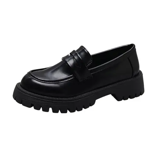 Produktbild: VBEDKDEB Loafer Damen Flache Mokassins Slipper Loafer Bequeme, lässige britische Damenschuhe mit dickem Absatz und Dicker Sohle, Retro Übergrößen Halbschuhe Schlupfschuhe Bequem Slip on (35)