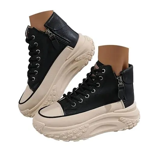Produktbild: VBEDKDEB Sneaker Damen Turnschuhe Slip on Slipper Damenschuhe mit Dicker Sohle und hohem Schaft, modische Plateauschuhe runder Spitze Schnürung für die Freizeit im Freien Graue Sneaker Damen (40)