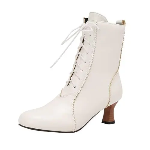 Produktbild: VBEDKDEB Stiefeletten Damen Stiefel Ankle Boots Außenhandel Neue europäische und Grenzmode Alle Retro Mode Alle Front Lace Up High Heeled Damen Kurze Stiefel Trachten Schuhe Für (White, 40)