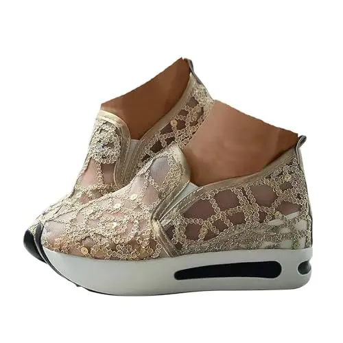 Produktbild: VBEDKDEB Trachtenschuhe Damen Dirndl Trachten Schuhe Freizeitschuhe Tracht Spitzen Atmungsaktive Elegante Brautschuhe Leinenschuhe Leichte Stoffschuhe Stoffsneaker Sommer Braut Sneaker (X-7-Gold, 39)