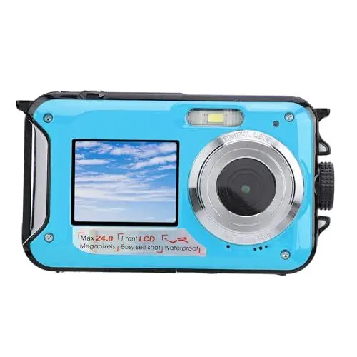 Produktbild: 2,7K Unterwasserkamera, 11FT wasserdichte Kamera 48MP Autofokus Dual Screen Selfie Unterwasserkamera Zum Schnorcheln wasserdichte Kompakte Schwimmfähige Digitalkamera (Blue)