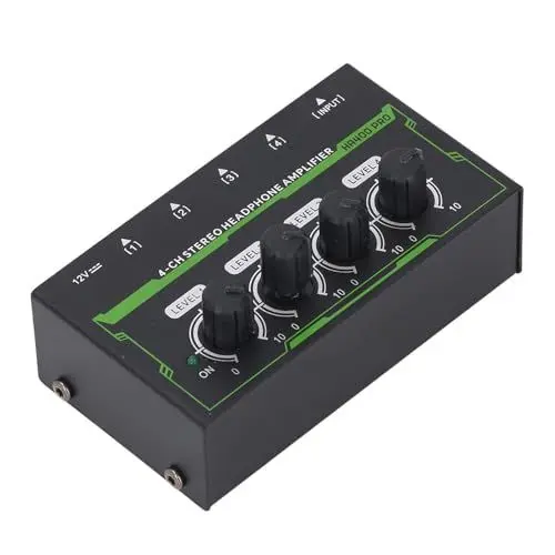 Produktbild: VBESTLIFE Kopfhörerverstärker, 4-Kanal-Stereo-Audioverstärker, Kopfhörer-Splitter mit Netzteil, RGB-Lichteffekte, für Tonmischer, Aufnahmestudios (EU-Stecker)