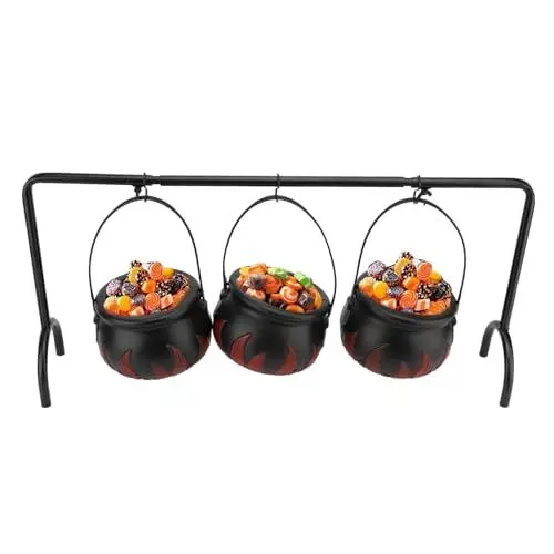 Produktbild: VBESTLIFE Set mit 3 Halloween-Hexenkessel-Süßigkeiten-Servierschalen auf Gestell, Hexenkessel-Dekoration, Halloween-Dekoration für Drinnen und Draußen