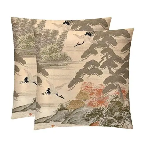 Produktbild: VBFOFBV 2 Stück Samt-Kissenbezug, quadratischer Kissenbezug, Kissenbezug für Couchbett,Japanische Kran Zypresse Blume die Landschafts Weinlese