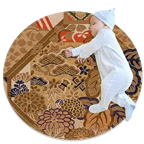 Produktbild: VBFOFBV Maschinenwaschbarer runder Teppich für den Innenbereich, weich, Schlafzimmerboden, Sofa, Wohnzimmer, Wohnheim, Kleiner runder Teppich, 2,3 Fuß,Japanische Blatt Blumen Zypressen Kunst Weinlese