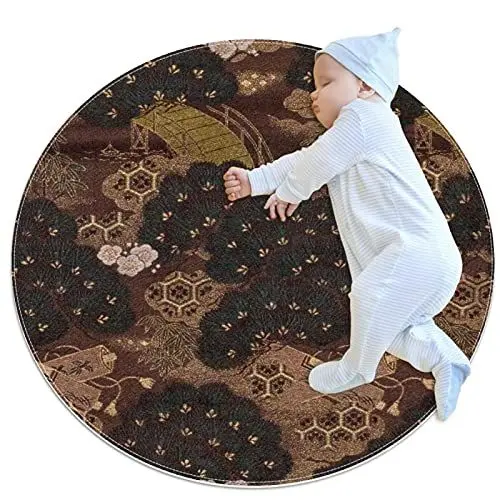 Produktbild: VBFOFBV Runder weicher Teppich 2,6 Fuß für Mädchen, Jungen, Teenager, Kreis, Kinderzimmer, Teppich für Schlafzimmer, Wohnzimmer, Heimdekoration,Japanische Landschafts Zypressen Brücken Kunst Weinlese