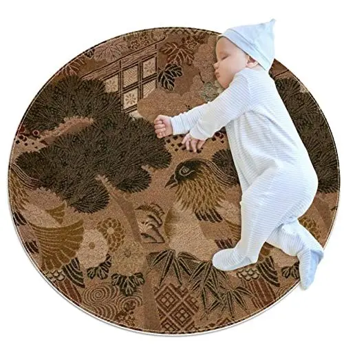 Produktbild: VBFOFBV Runder weicher Teppich 2,6 Fuß für Mädchen, Jungen, Teenager, Kreis, Kinderzimmer, Teppich für Schlafzimmer, Wohnzimmer, Heimdekoration,Japanische Vogel Zypresse Kunst Weinlese