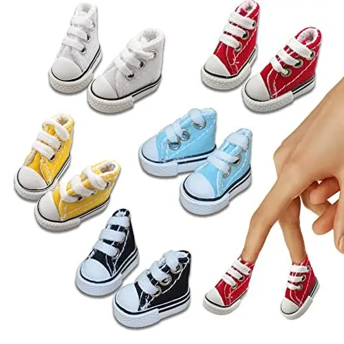 Produktbild: VBXPOU Puppenschuhe Mini Fingerschuhe 5Paar Fingerboard Schuhe Griffbrettschuhe Sehr Klein Canvas Schuhe Stoff Schuhe Fingerspielzeug für Puppen, Kind Geschenk Spielzeug