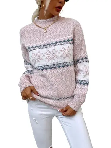 Produktbild: Vcindai Damen Langarm Pullover Winter Strickpullover Streifen Schneeflocken Sweatshirt Weihnachtspullover