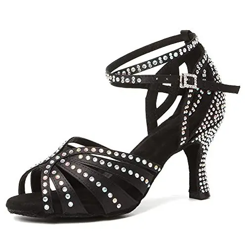 Produktbild: VCIXXVCE Damen Latin Tanzschuhe Strass mit Offener Spitze Satin Ballsaal Chacha Salsa Social Performance Tanzschuhe,38 EU