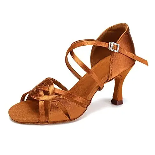 Produktbild: VCIXXVCE Latein Tanzschuhe Damen Braun Satin Salsa Ballroom Performance Praxis Tanzschuhe, 37 EU