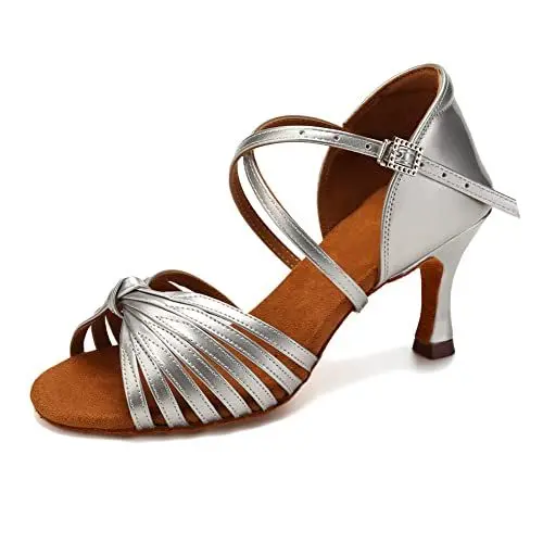 Produktbild: VCIXXVCE Tanzschuhe Latein Damen Frauen Ballsaal PU Silber Professionelle Party Salsa Tanzübung Performance Schuhe Bachata Tanzschuhe 7.5 cm,40 EU