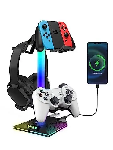 Produktbild: VCOM RGB Gaming Kopfhörer Ständer mit 10 LichtModi, Headset Halterung mit 2 USB Ports, Universal Gaming Headphone Stand für PC Gamer, PC Gaming Zubehör für Schreibtisch