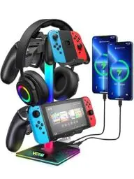 Produktbild: VCOM RGB Kopfhörerständer mit 2 USB-A und 1 Typ-C-Anschluss, Gaming Controller Halter mit 10 Lichtmodi und Speicherfunktion, geeignet für Gamer Xbox PS5 Controller PC Spiel Kopfhörer Zubehör