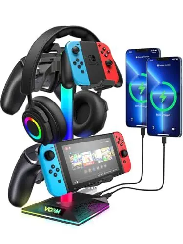 Produktbild: VCOM RGB Kopfhörerständer mit 2 USB-A und 1 Typ-C-Anschluss, Gaming Controller Halter mit 10 Lichtmodi und Speicherfunktion, geeignet für Gamer Xbox PS5 Controller PC Spiel Kopfhörer Zubehör