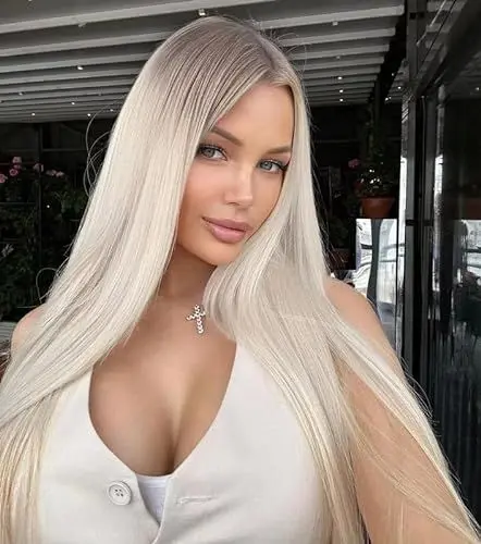 Produktbild: VEBONNY Ombre Platinblonde Lace Front Perücke mit Braunen Wurzeln 613 Synthetik-Haarperücken 22 Zoll Seidig Glatt Klebstofffreie Lace Front Perücken VEBONNY 036neu