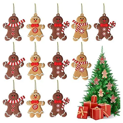 Produktbild: Vecibel Weihnachtsbaumschmuck 12 Stück Lebkuchenmann traditioneller Ingwer Mann Weihnachtsanhänger für Weihnachtsbaum Hängende Zuhause Weihnachten Party Dekoration, Lebkuchenmann A, 7 x 5 cm