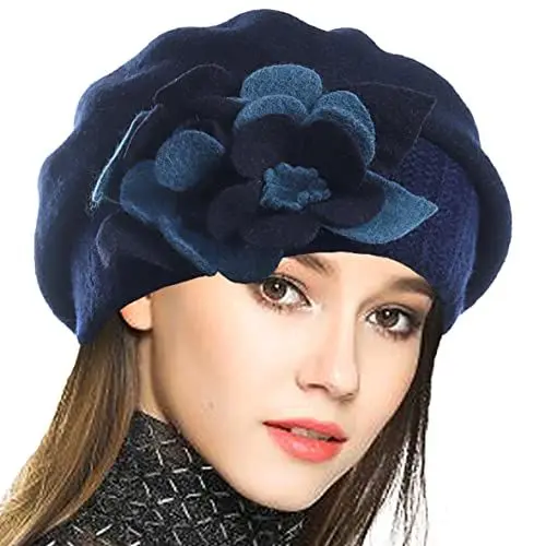Produktbild: VECRY Damen 100% Wolle Französische Baskenmütze Blumen Strickmütze Schädelkappe Kleid Wintermütze (Marine,M)