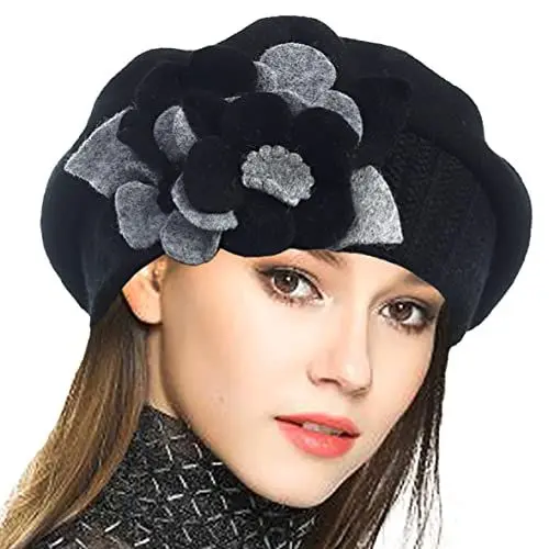 Produktbild: VECRY Damen 100% Wolle Französische Baskenmütze Blumen Strickmütze Schädelkappe Kleid Wintermütze (Schwarz,M)