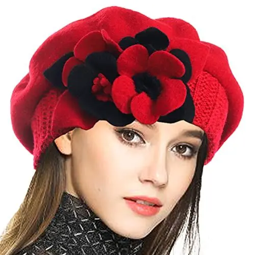 Produktbild: VECRY Damen 100% Wolle Französische Baskenmütze Blumen Strickmütze Schädelkappe Kleid Wintermütze (Rot,M)