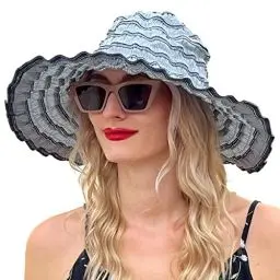 Produktbild: VECRY Damen Jahrgang Strand Sonnenhut Reisen Faltbar Breite Krempe Sommer UV Hüte (Blau,M)