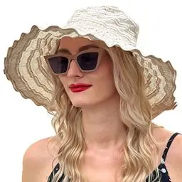 Produktbild: VECRY Damen Jahrgang Strand Sonnenhut Reisen Faltbar Breite Krempe Sommer UV Hüte (Beige,M)