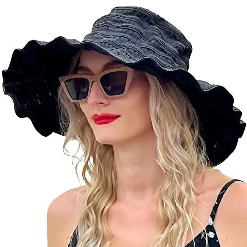 Produktbild: VECRY Damen Jahrgang Strand Sonnenhut Reisen Faltbar Breite Krempe Sommer UV Hüte (Schwarz,M)