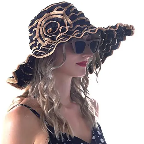 Produktbild: VECRY Damen Jahrgang Strand Sonnenhut Reisen Faltbar Breite Krempe Sommer UV Hüte (Schwarz/Braun,M)