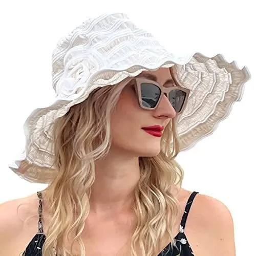 Produktbild: VECRY Damen Jahrgang Strand Sonnenhut Reisen Faltbar Breite Krempe Sommer UV Hüte (Weiß,M)